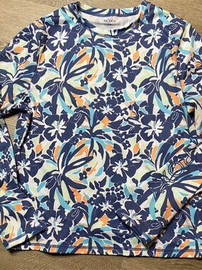 Roxy Long Sleeve Rash Guard Swim Shirt, Tropical Hawaiian Print, Blue/Orange, M